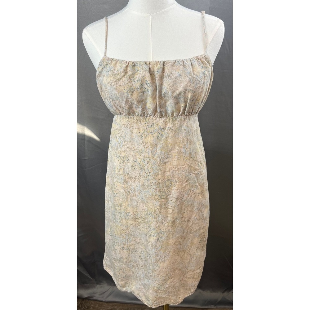 H&M Mini Dress Babydoll Open Back Tie Linen Floral Beige Y2K 90s Small